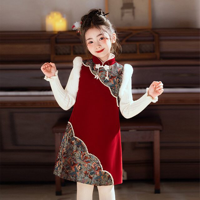 Girls' Plush Patchwork Stylish New Chinese-Style Improved Qipao Dress Children's Winter Thickened Warm New Year Outfit