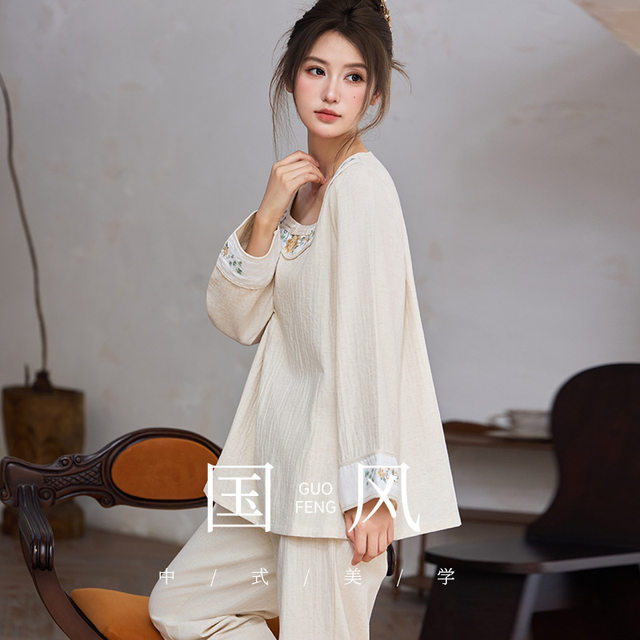 New Chinese Style 2025 Women's Cotton and Linen Long-Sleeve Long-Pants Pajama Set, Suitable for Wearing Outside, Casual Loose Fit with Embroidery