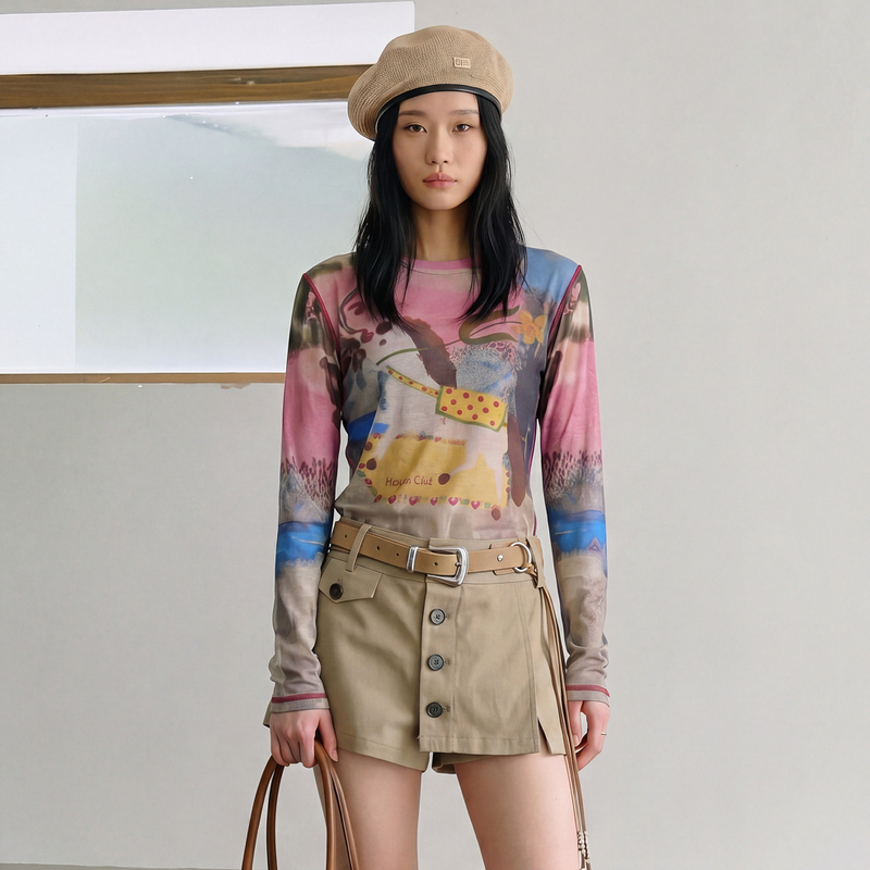 Loery Summer Pony Design High-End Gradient Graffiti Fashionable and Unique Basic Top for Women-118853