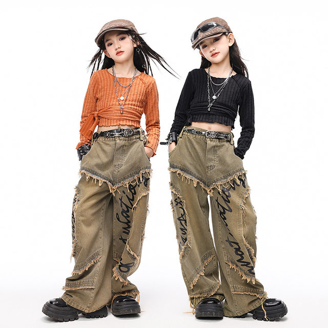 Children's Jazz Dance Trendy Clothing, Girls' Fashionable Wasteland Style Jeans, Runway Outfits, Hip-Hop Street Dance Performance Costumes