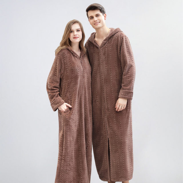 Zipper Nightgown for Women, Winter Coral Fleece Thick Long Bathrobe, Men's Plus-Size Bathrobe, Flannel Pajamas, Couple's Nightdress for Autumn