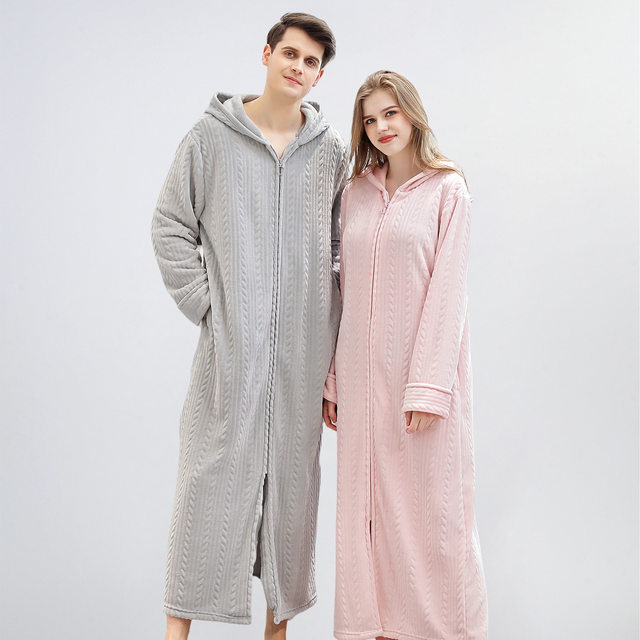 Zipper Nightgown for Women, Winter Coral Fleece Thick Long Bathrobe, Men's Plus-Size Bathrobe, Flannel Pajamas, Couple's Nightdress for Autumn