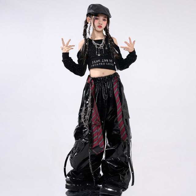 Jazz Dance Girls' Catwalk Performance Costumes Kidsren's New Year's Day Street Dance Hiphop Rock Style Leather Suits Hip-Hop Performance Costumes