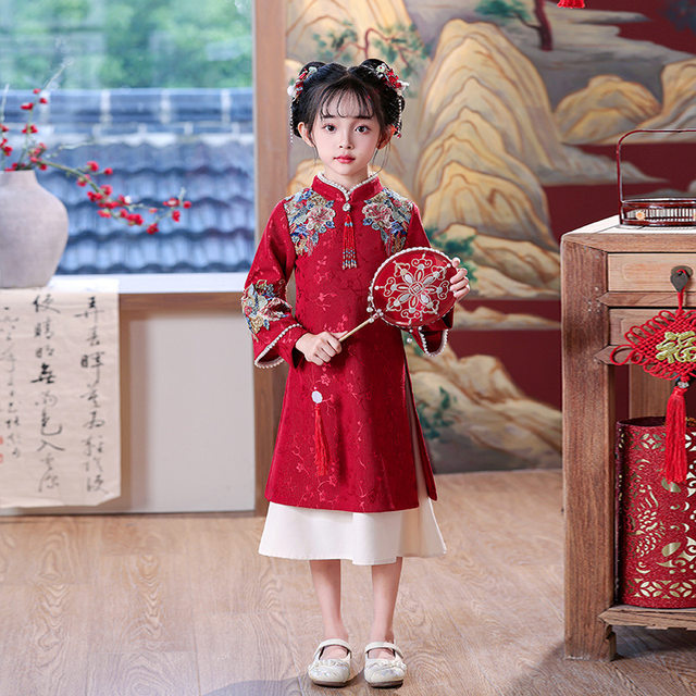 Girls' Hanfu Fleece-Lined Dress, Autumn and Winter Cheongsam Dress, 2025 New Style, Baby Girl New Year Outfit, New Chinese Style