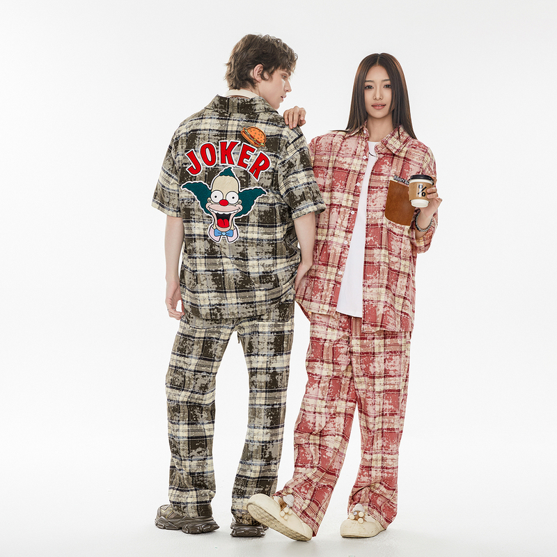 [Same Style as Yunqi Hao Yiran] the Simpsons Short-Sleeved Shirt Set, American-Style Clown Striped Plaid Two-Piece Set
