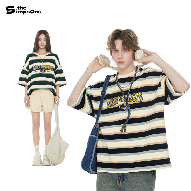 The Simpsons Striped Short-Sleeve T-Shirt for Men, Summer Breathable 2026 New American Style Trendy Brand Loose Casual Top