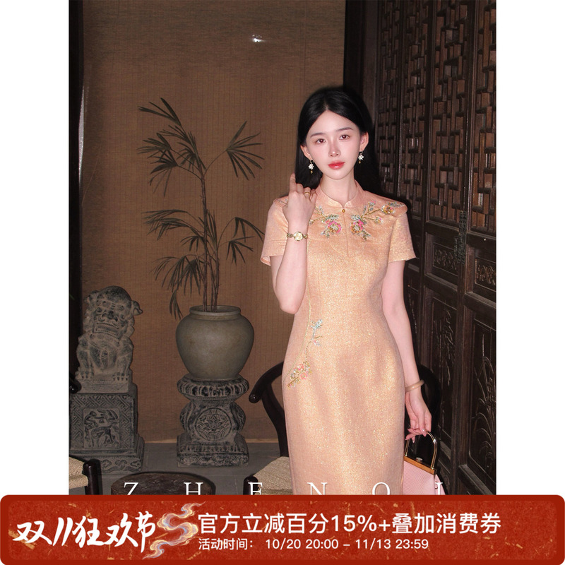 Zhenqi [Powdered Complexion with Makeup] Summer Original New Chinese Style Tencel Linen Heavy Embroidery Designer Long Cheongsam