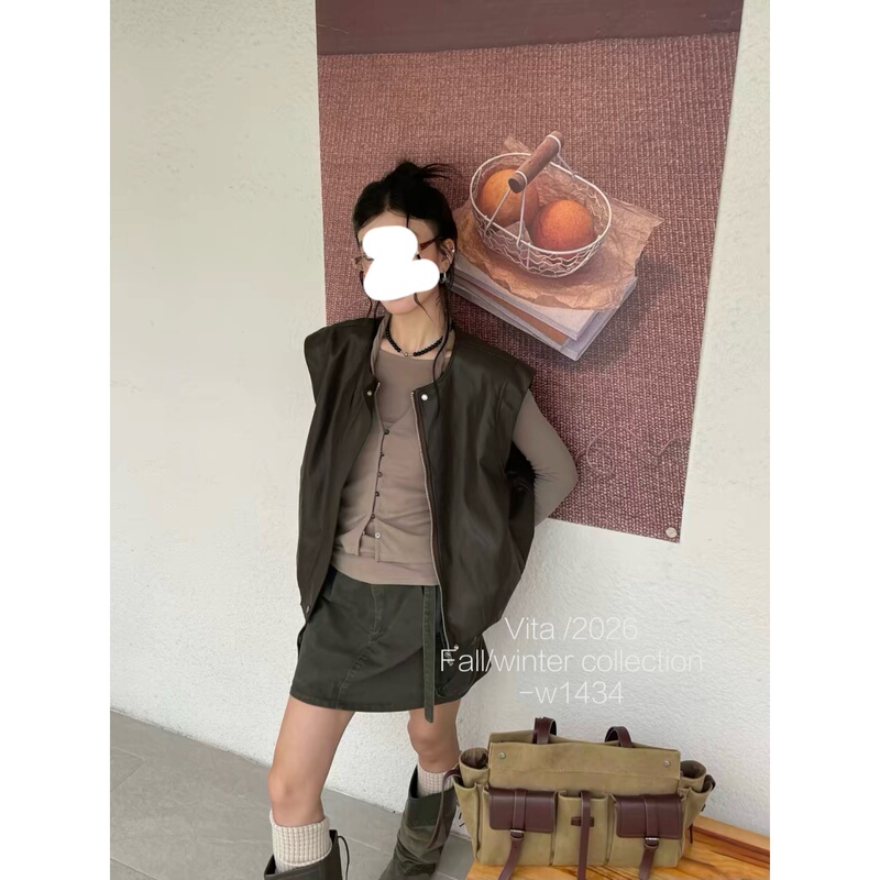 (Little Sister) Big C Vita 【Free Scarf】 New Pocket Leather Vest W1434 # 8.19 Order Limit