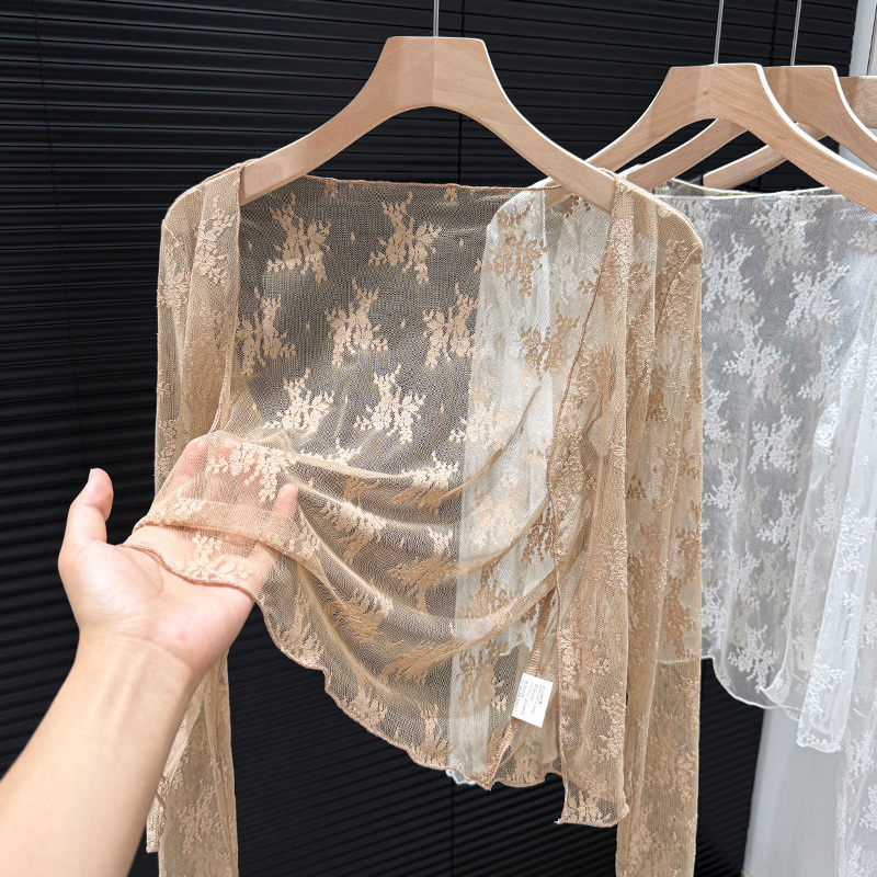 Melard Coffee-Colored Lace Hollow-Out Cardigan for Women, Summer Slip Dress with Sun-Protective Mesh Shawl Overlay, Paired with a Cheongsam