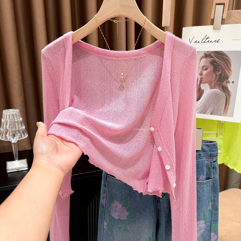 Dopamine Pink Knitted Sun Protection Cardigan for Women, Summer Thin Style, Sunshade Ice Silk Outerwear Paired with a Slip Dress, Air Conditioning Jacket