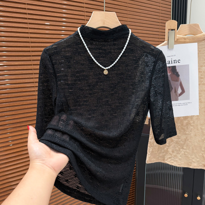 Black Half-High Collar Lace Half-Sleeve Base Shirt for Women, French Style, Paired with a Slip Dress, Thin Mesh Mid-Sleeve Top