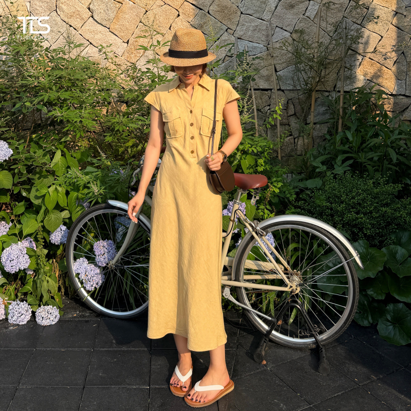 Auntie Tts [Egg Yolk Dress] Tencel Linen Casual Dress for Women 2026 Summer Waist-Slimming Over-The-Knee Long Dress