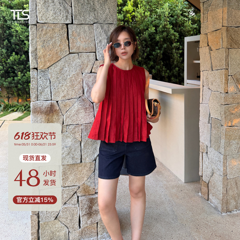 Auntie Tts [Red Organ] Linen Red Sleeveless Top for Women 2026 Summer Loose Slimming Outerwear Vest