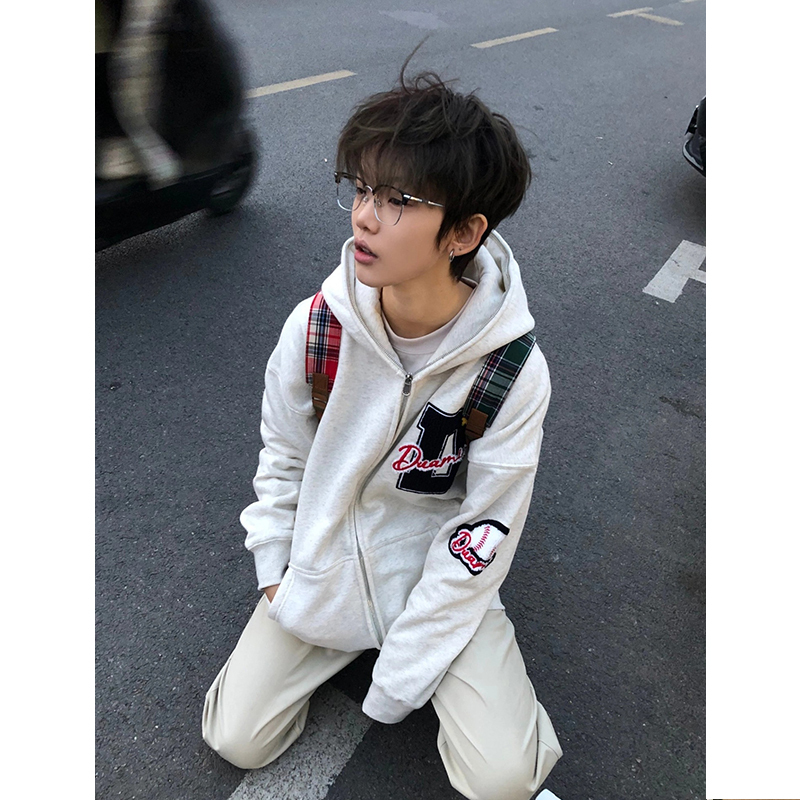 American Retro Trendy Brand Towel Embroidery Hooded Sweatshirt for Men, New Spring and Autumn Style, Loose-Fitting Couple's Hoodie Jacket Top Trendy Brand