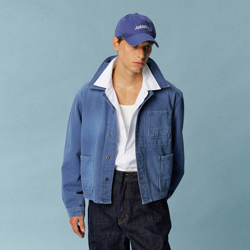 Kruni Vintage Short Pre-Washed and Dyed Distressed French Blue Herringbone Workwear Jacket