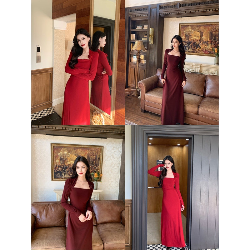 Shiyu Xinyu New Year's High-End Atmosphere Wine Red Long Dress with Square Neckline, Waist-Cinching, Mature Style Banquet Dress for Women