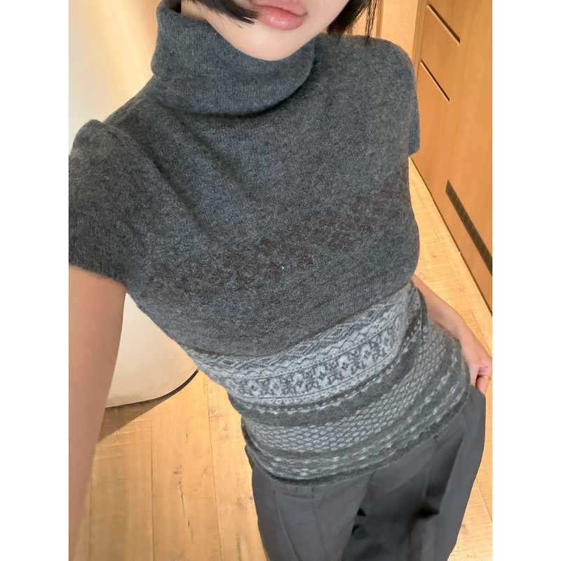 Shiyu【Nordic Party】Vintage Fair Isle Jacquard High Neck Slim Fit Gray Knit Sweater