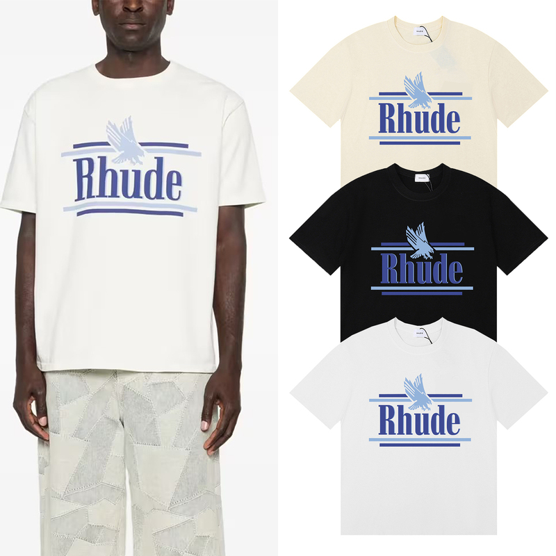 Rhude Street Hip-Hop Loose Cotton Base Shirt T-Shirt American Casual Men's Round Neck Short Sleeve Summer Versatile Trendy Rhude Street Hip-Hop Loose Cotton Base Shirt T-Shirt American Casual Men's Round Neck Short Sleeve Summer Versatile Trendy