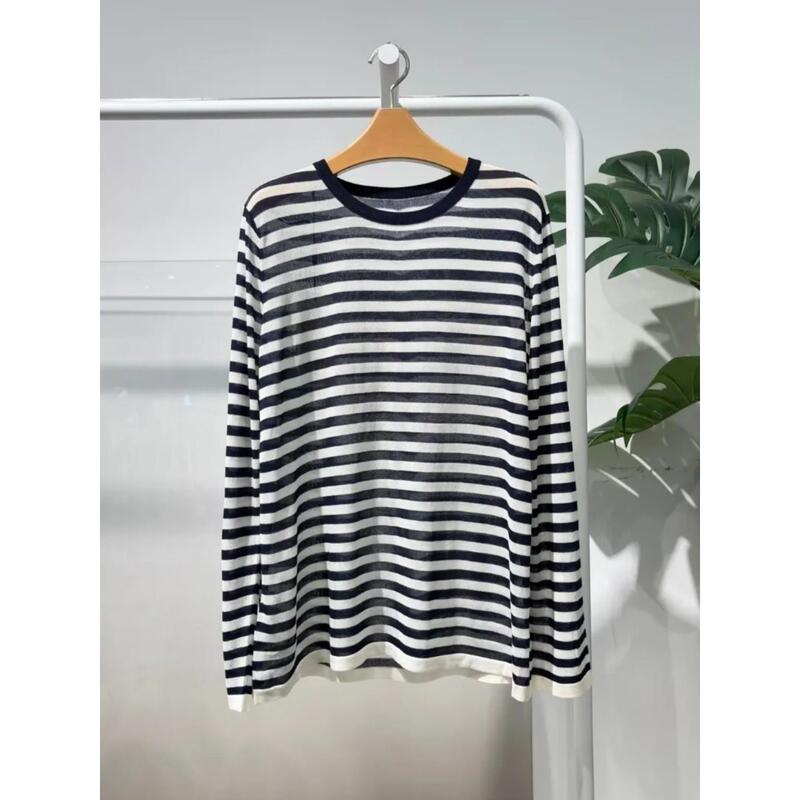 Mm Mai 2026 Spring New Navy Blue Striped Casual Loose Versatile Knit Sweater Women's Top 5H4230971