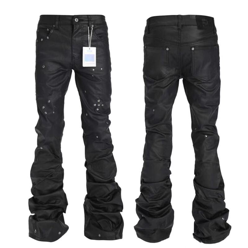 Pulb Original Authentic Flared Jeans with Stacked Star Studs, Wax Coating, Pleated, Stretchy, Slim-Fit, Light Denim