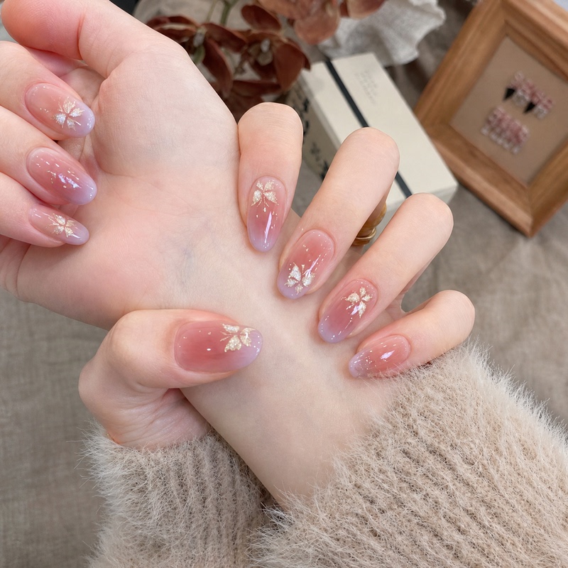 Pink and Purple Gradient Butterfly Wearable Nails, Short Oval, Gentle and Elegant, with Gold Foil Butterfly, Handmade Removable Nail Stickers Pink and Purple Gradient Butterfly Wearable Nails, Short Oval, Gentle and Elegant, with Gold Foil Butterfly, Handmade Removable Nail Stickers