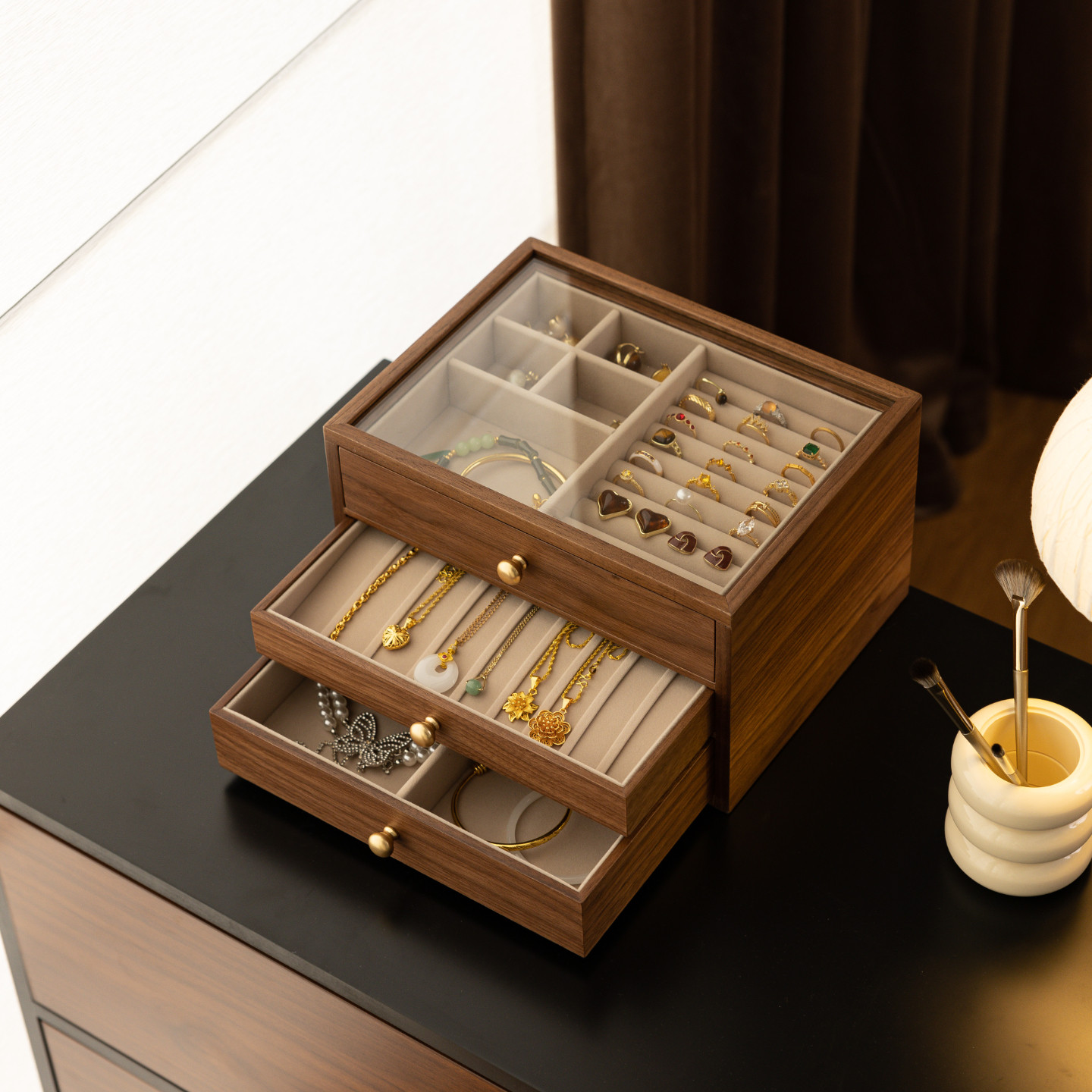 ジュエリーボックス収納ボックス、多層構造、大容量、高級ゴールドジュエリーネックレスボックス、誕生日や結婚祝いのギフト。