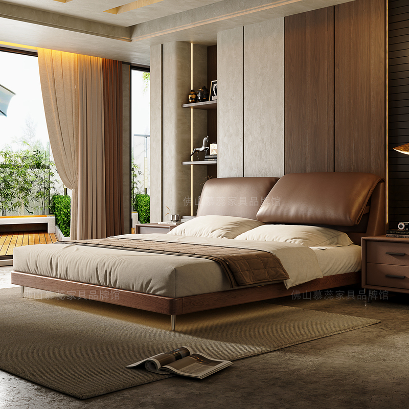 Italian-Style Retro Elephant Ear Bed, Master Bedroom Solid Wood Soft Leather Bed, Bedroom Mid-Century Style Double Soft Leather Bed