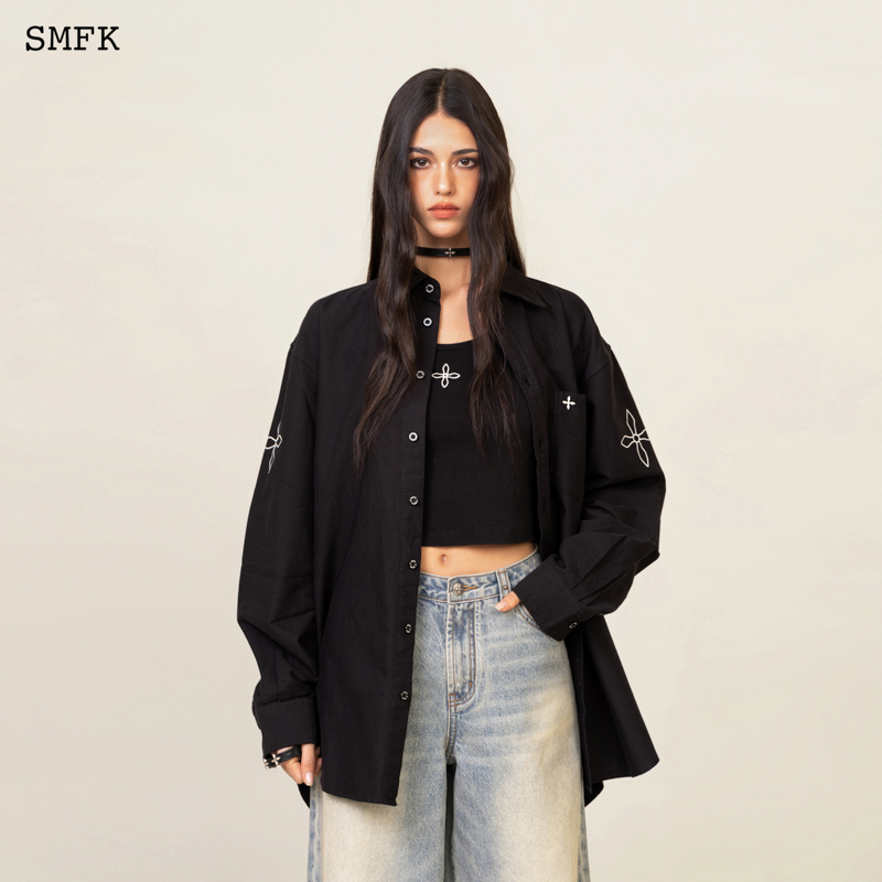 Smfk Cross-Stitch Classic Shirt Cp003B/W Celebrity Style Embroidered Loose Top Smfk Cross-Stitch Classic Shirt Cp003B/W Celebrity Style Embroidered Loose Top