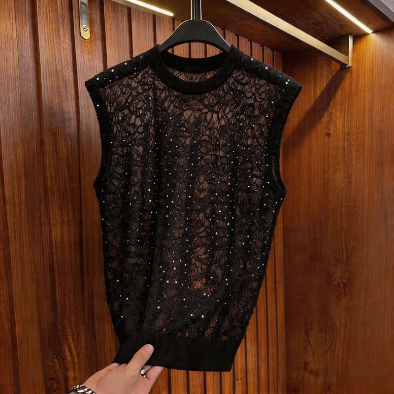 2026 Summer New Product Jesenco Men's Black Lace Cut Out Sleeveless Vest with Rhinestones Fashion Top