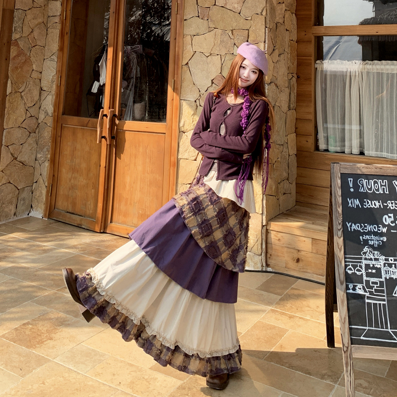 Beautiful Wasteland-Style Outfit from Xinjiang, Sichuan, and Yunnan, Purple Forest-Style Top with Plaid Patchwork and Asymmetrical Skirt Set Beautiful Wasteland-Style Outfit from Xinjiang, Sichuan, and Yunnan, Purple Forest-Style Top with Plaid Patchwork and Asymmetrical Skirt Set