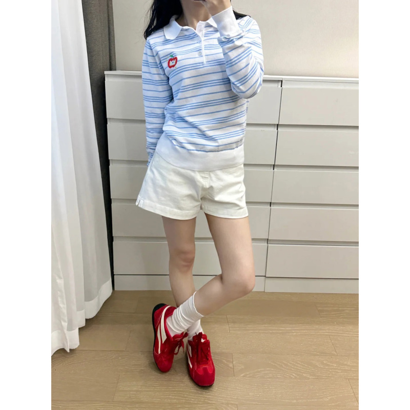 American-Style Polo Collar Embroidered Long-Sleeve Striped Knit Sweater for Women, Autumn Loose Fit Versatile College Style Elegant Top
