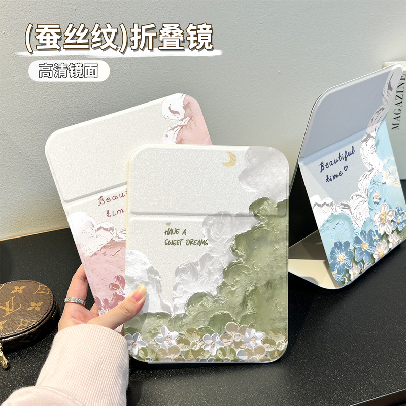 Moon English Oil Painting Flower Makeup Mirror for Dormitory Use, Portable Desktop Gift, Foldable Mirror for College Students Moon English Oil Painting Flower Makeup Mirror for Dormitory Use, Portable Desktop Gift, Foldable Mirror for College Students