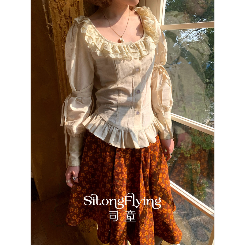 Si Tong Gentle Palace-Style Retro Ruffled Shirt Long-Sleeved Slim-Fit Lace Design Top for Women Spring New Style
