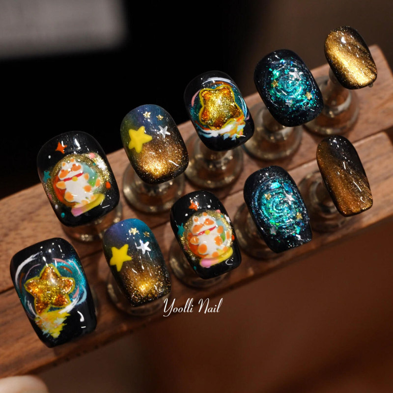 Youli【The Cat Who Reaches for the Stars】Handmade Nail Art Illustration Style Hand-Painted Cat Stars Cute Healing Nail Art