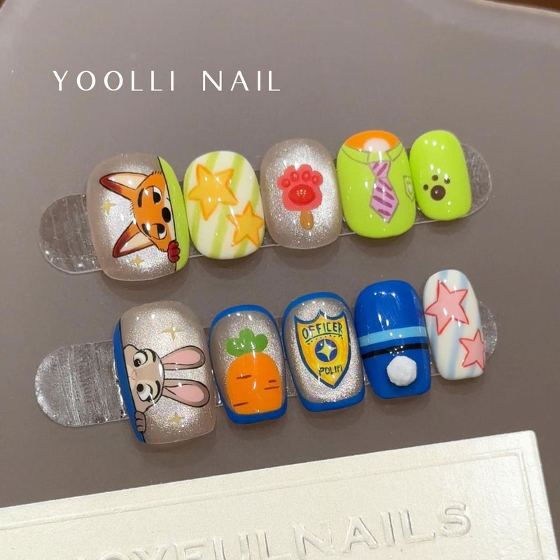 Youli【Trendy Judy】Purely Handmade Wearable Nails with Cartoon Hand-Painted Zootopia Judy and Nick Cute Nail Art