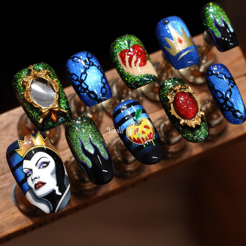 Youli【Vicious Queen】Purely Handmade Wearable Nails with Hand-Painted Snow White Design, Dark Sweet Cool Halloween Nail Art