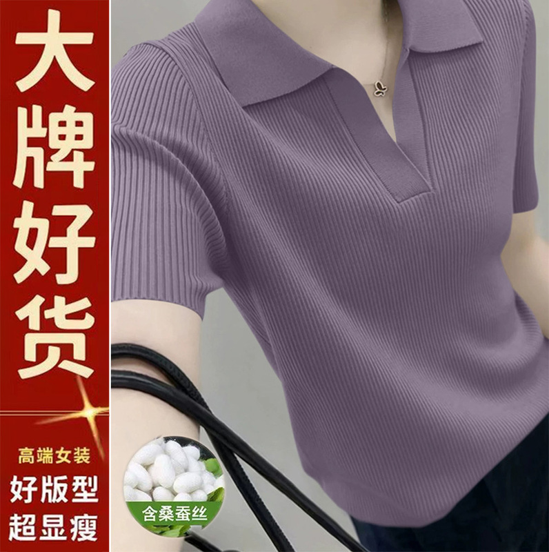High-End Polo Collar New Knitwear 2026 Summer Regular Shoulder Trendy Simple Solid Color Short-Sleeved Women's Top