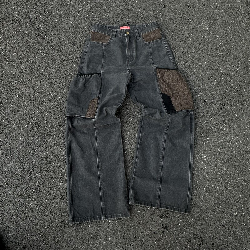 Lvzongwei Pigskin Grass Pants Washed Patchwork Micro-A-Line Structured Straight Leg Trousers