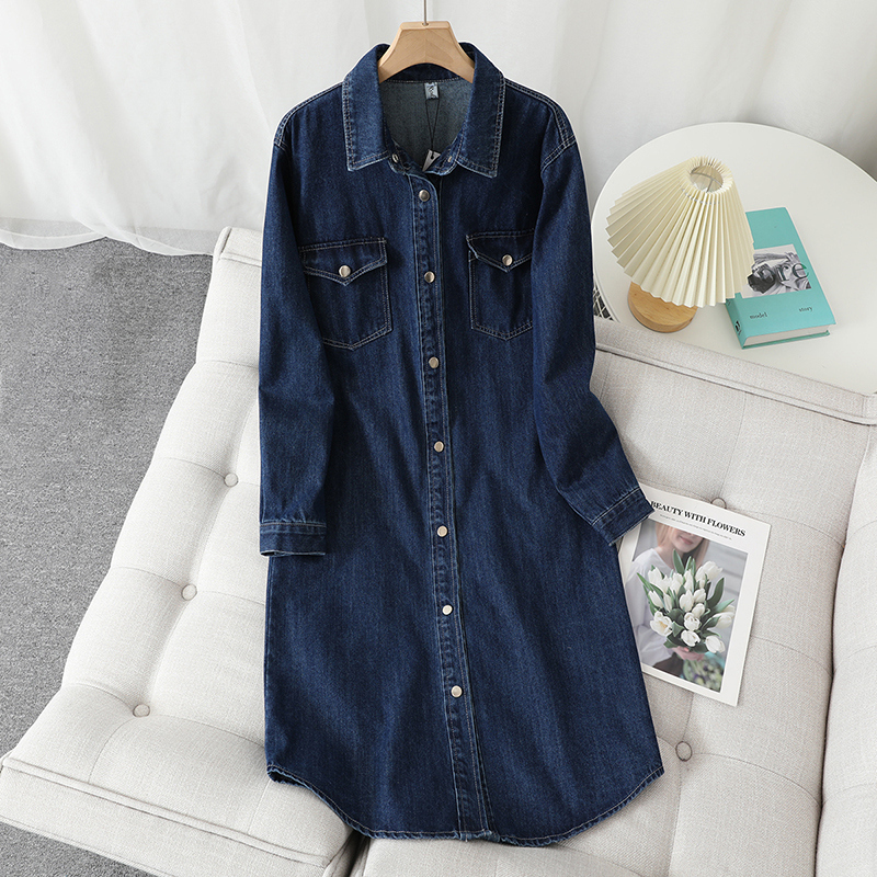 Spring and Autumn Fashionable Outerwear, Elegant Washed Pure Cotton Denim Shirt for Women, European and American Style, Loose, Slimming, Casual Long Shirt Dress