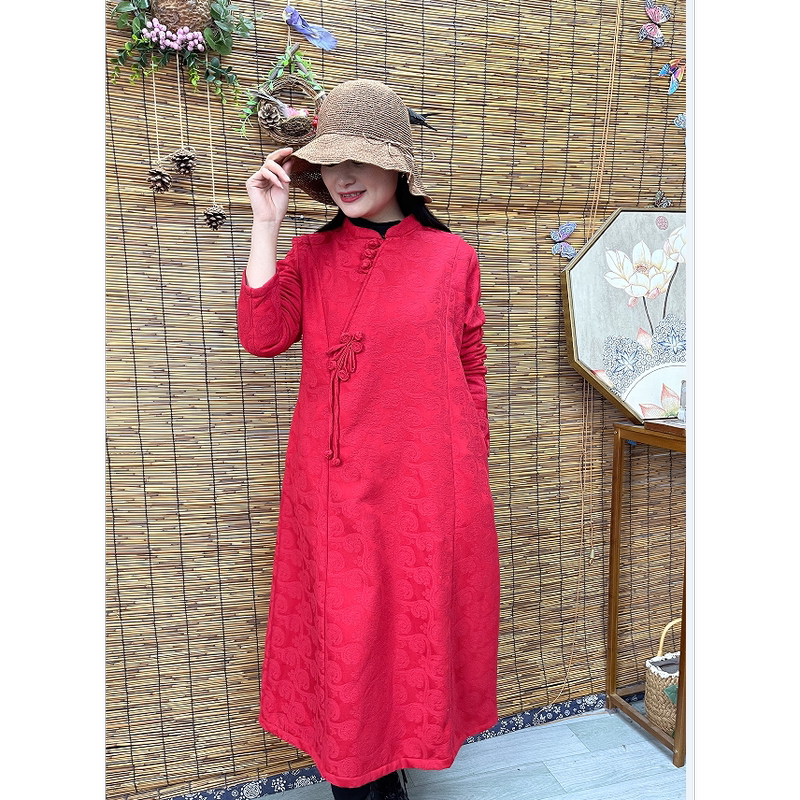 Chinese Style Handmade Buttoned Pure Cotton Artistic Retro Jacquard Embroidered Mid-Length Dress Chinese Style Handmade Buttoned Pure Cotton Artistic Retro Jacquard Embroidered Mid-Length Dress