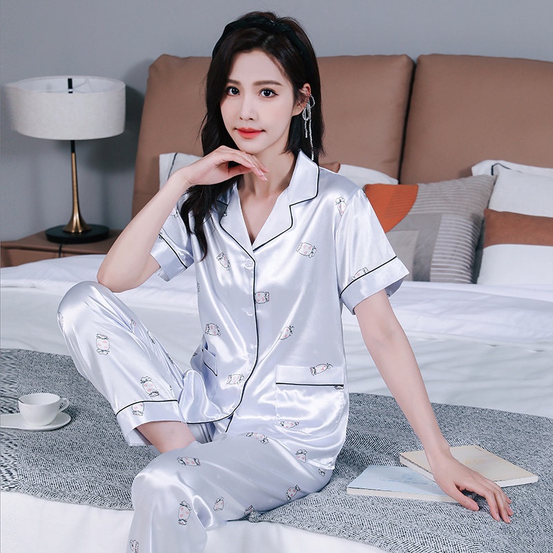Youthful Lightweight Summer Women's Pajamas, Cardigan Short-Sleeve Ice Silk Set with Long Pants, Suitable for Outerwear, Fashionable Loungewear