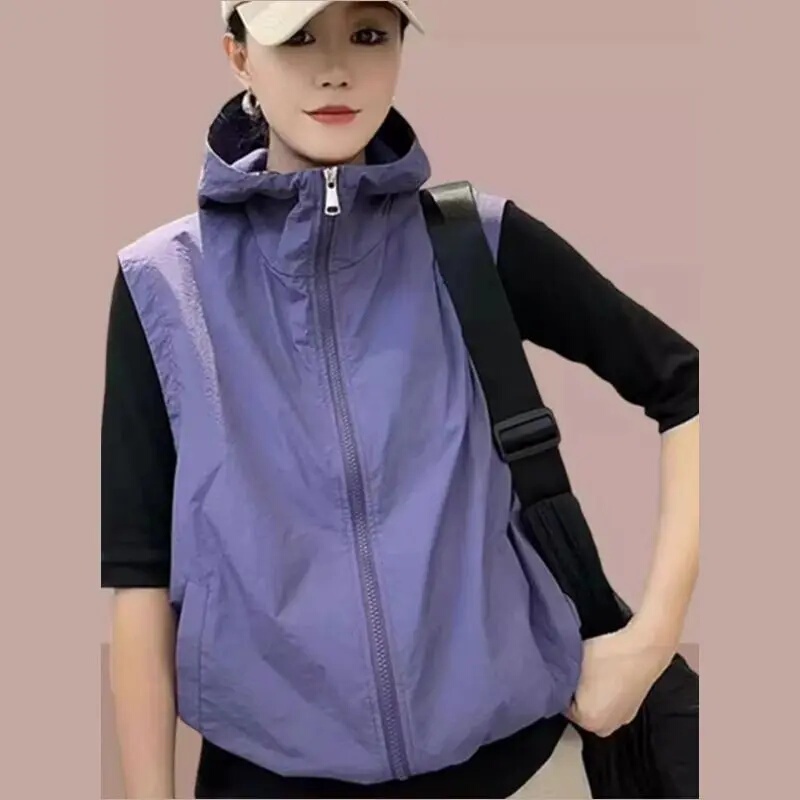 Hooded Vest for Women, Spring and Summer Sun Protection Clothing, Casual and Versatile, Thin, Breathable, Hooded, Large Size, Loose Vest