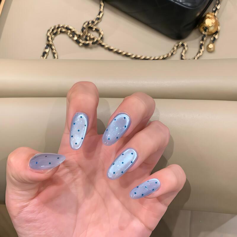 New Polka Dot Starry Sky Blue Polka Dot Handmade Wearable Nails Oval Healing Home Manicure Nail Tips