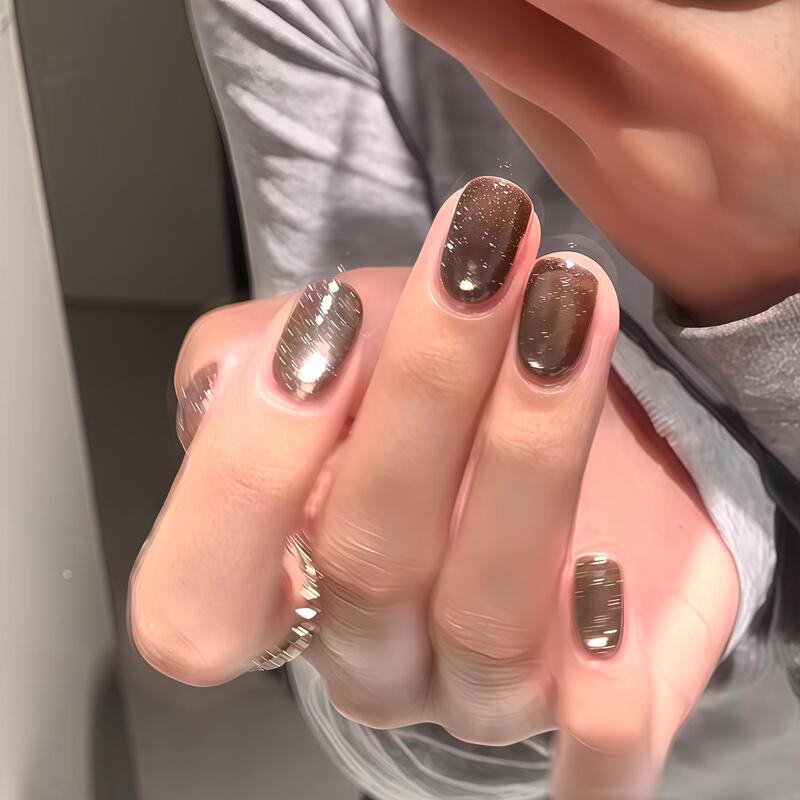 Handmade Retro Dark Brown Gold-Lustered Cat-Eye Manicure with a Luxurious Feel, Short Style, Detachable Fake Nails Handmade Retro Dark Brown Gold-Lustered Cat-Eye Manicure with a Luxurious Feel, Short Style, Detachable Fake Nails