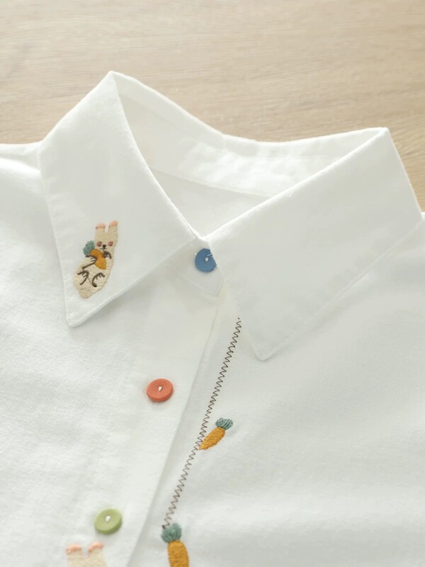 Artistic and Fresh Cartoon Embroidered Rabbit and Carrot Button-Up White Shirt for Women, Long-Sleeved Base Shirt, Trendy