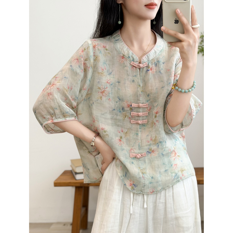 New Chinese-Style Ramie Shirt for Women, Summer Thin Floral Cardigan with Button Closure, Loose Fit, National Style Top, Five-Quarter Sleeve Jacket, Elegant