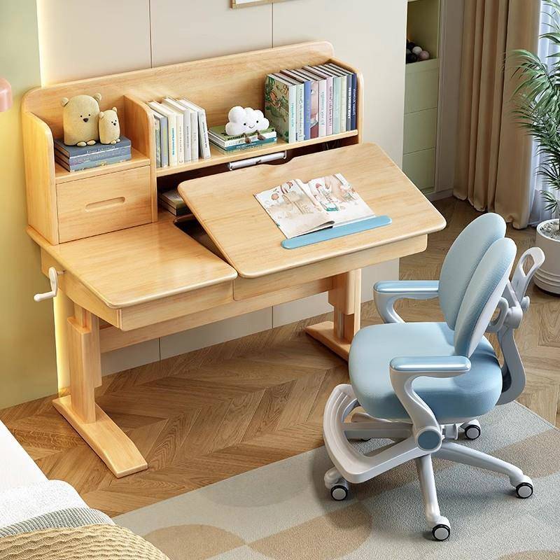 Children's study table liftable table all solid wood writing table primary school student desk home homework desk and chair set