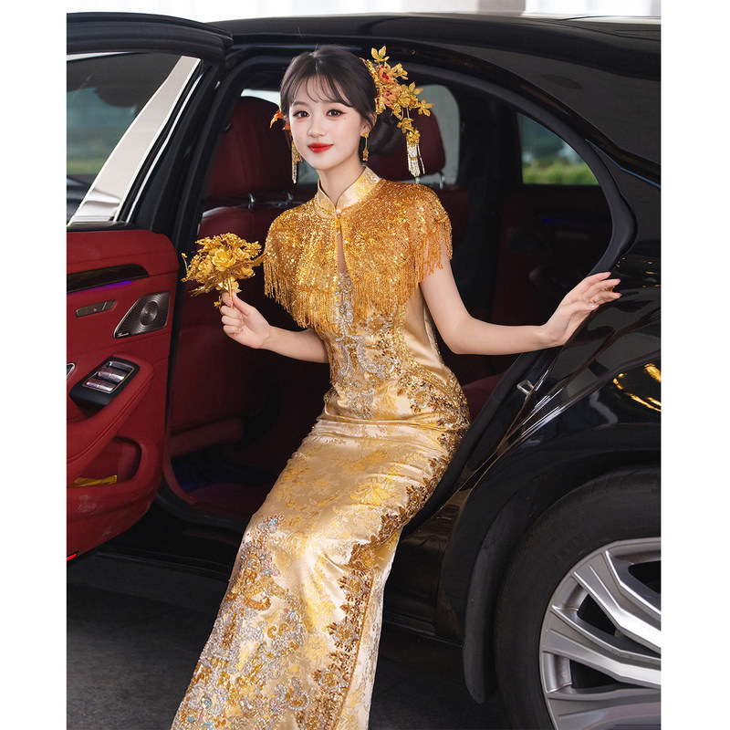 New Chinese-Style Heavy-Duty Gold Tassel Engagement Cheongsam Dress for Women, High-End Light Luxury Niche Morning Gown, Bride's Toast Dress