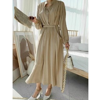 韩版chic气质连衣裙简约纯色人造丝系带收腰衬衫裙有口袋配 腰带