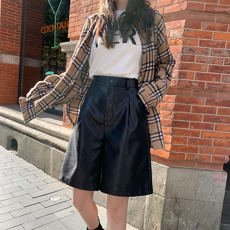 Plus-Size Women's Autumn High-Waisted Slimming Pu Leather A-Line Shorts for Fat Women, Black Wide-Leg Casual Mid-Length Shorts